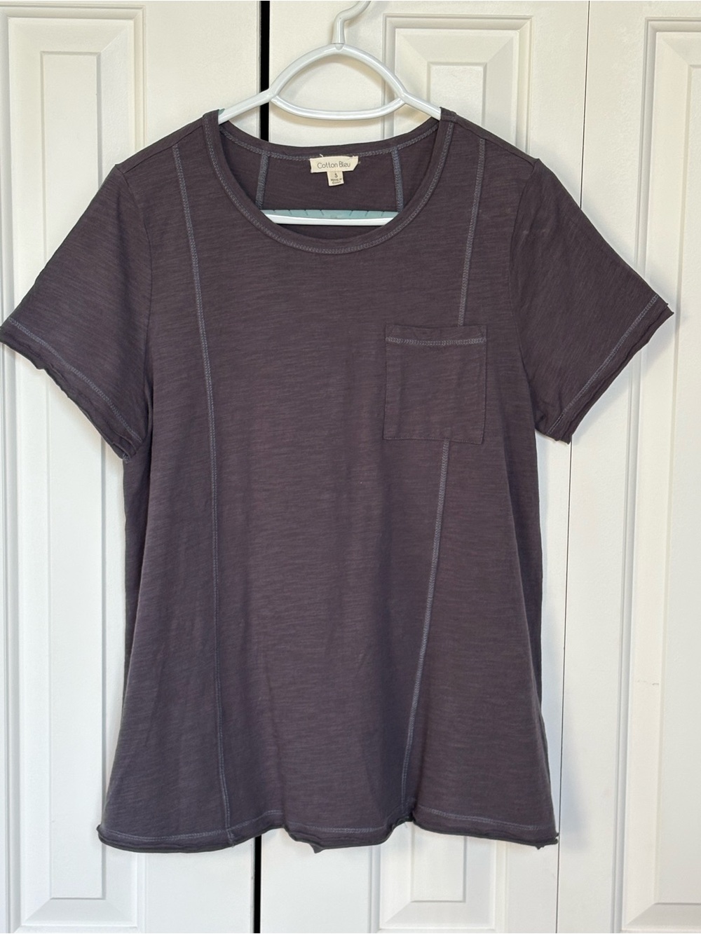 Cotton Bleu Raw Edge Panel Stitched Slub Knit Pocket T-Shirt S